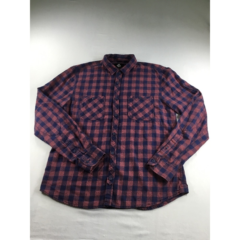 Cotton On L Shirt Button Down Cotton Navy Burgundy Plaid Elbow Patch Preppy